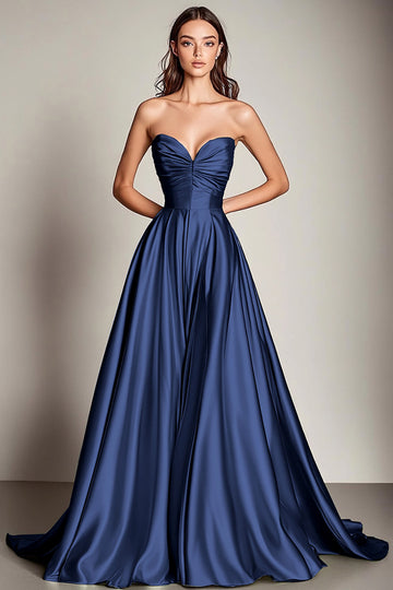 Navy Sweetheart A Line Satin Long Prom Dress